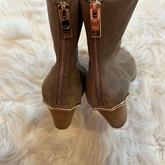 Elaine Turner bootie size 9.5 tan grey open toe gold heel trim - Picture 5 of 10
